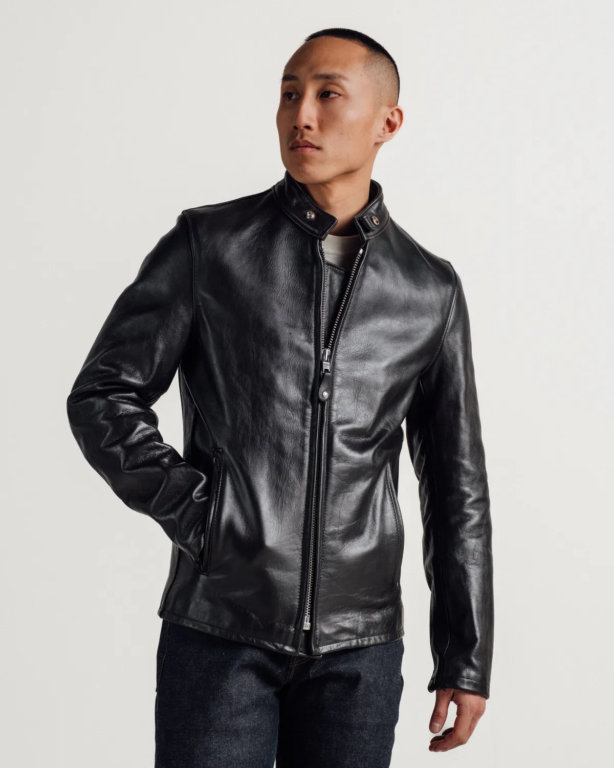 Schott NYC 654 Cafe Racer skinnjakke svart lett kuskinn